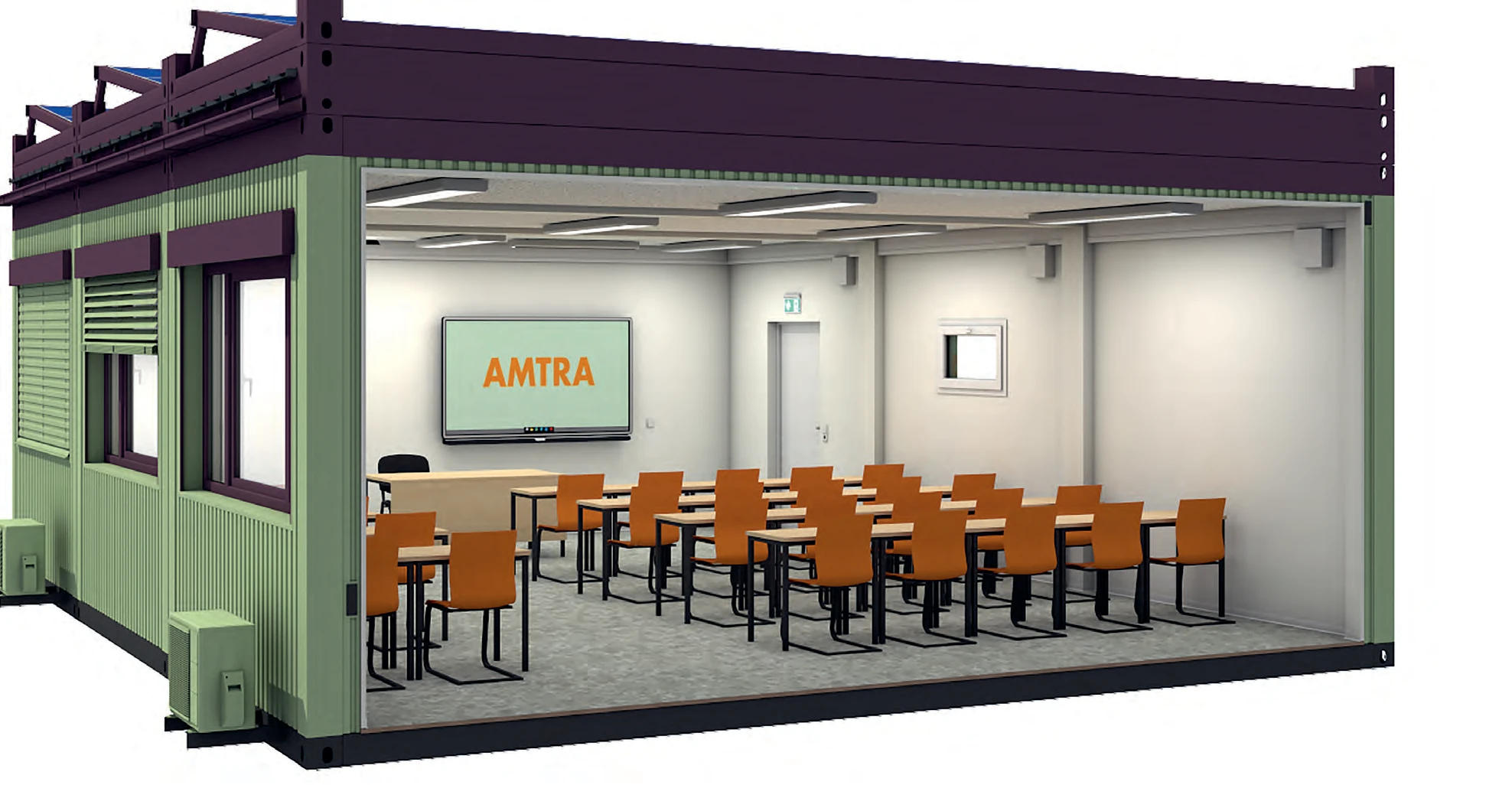 Aufgeschnittenes X-class Modell mit Klassenraum, digitaler Tafel und Raffstores